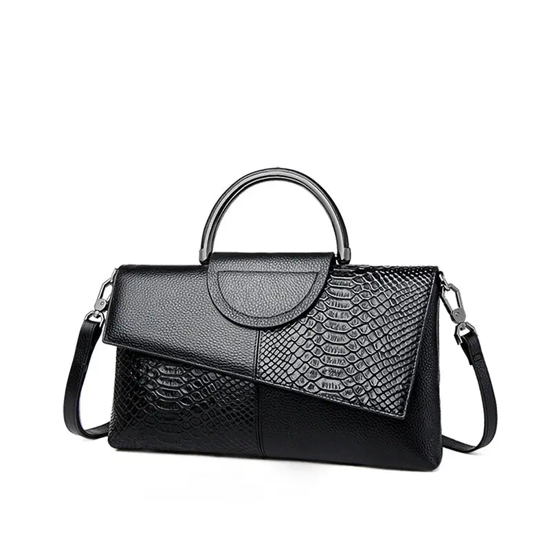 PU leather women's shoulder crossbody bag with alligator-pattern flap and top handle.