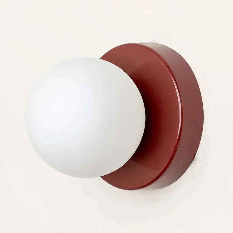 Nordic Macaron LED wall lamp, 10cm mini glass sconce with white globe and red backplate