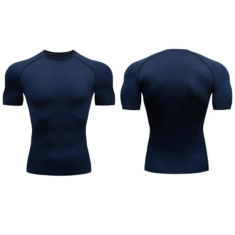 Men's navy blue running compression T-shirt, short sleeves, athletic gym tops, two-piece set