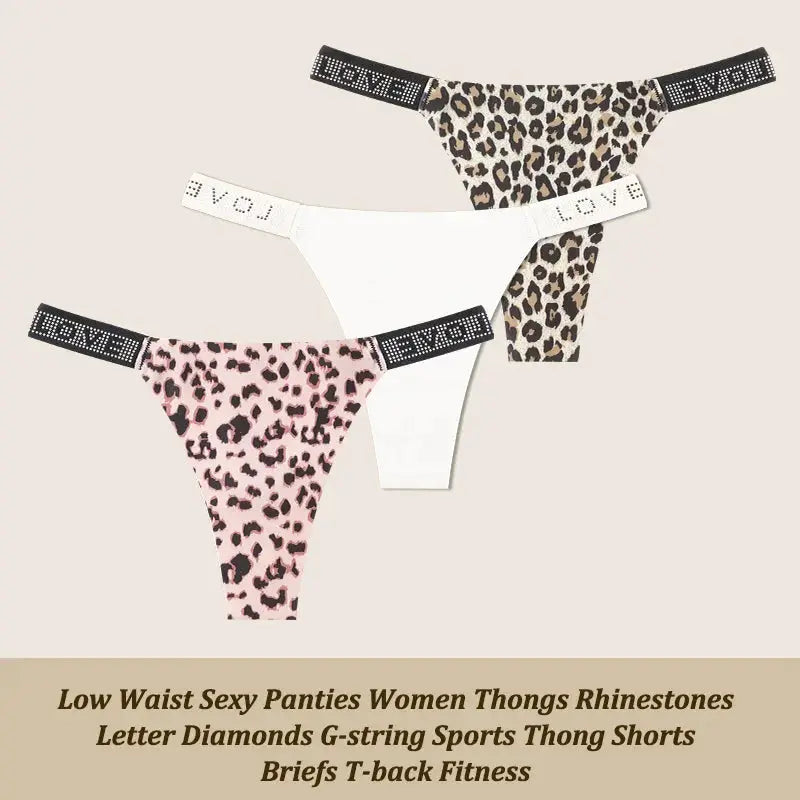 3Pcs set: low-rise thong panties in leopard, pink leopard, and white with rhinestone LOVE waistband by Simples Market