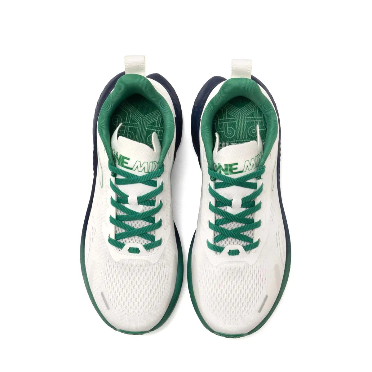ONEMIX men's running shoes pair, white mesh uppers with green laces and interior, breathable lightweight sneakers