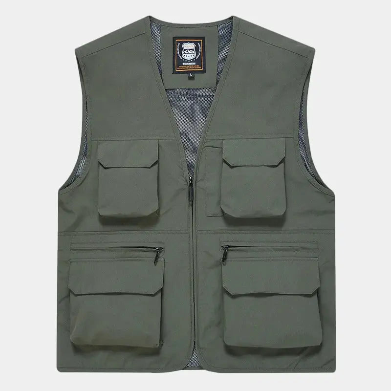 FGKKS men's fashion vest olive green with multiple pockets, front zipper, and mesh lining