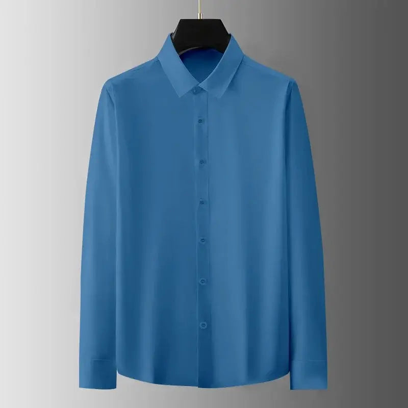 Men's blue long-sleeve button-down shirt, solid color for business casual wear