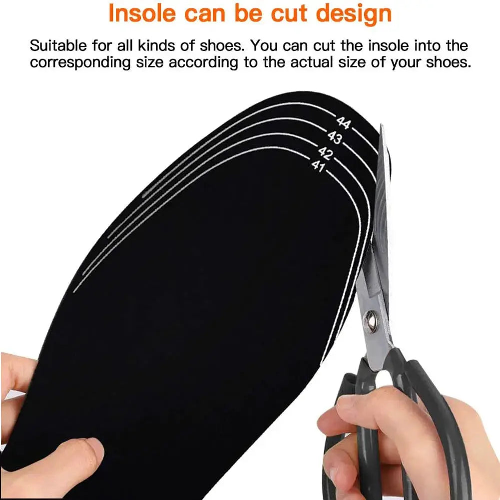 Simples Market USB heated insoles, black cut-to-fit foot warmers with size markings.