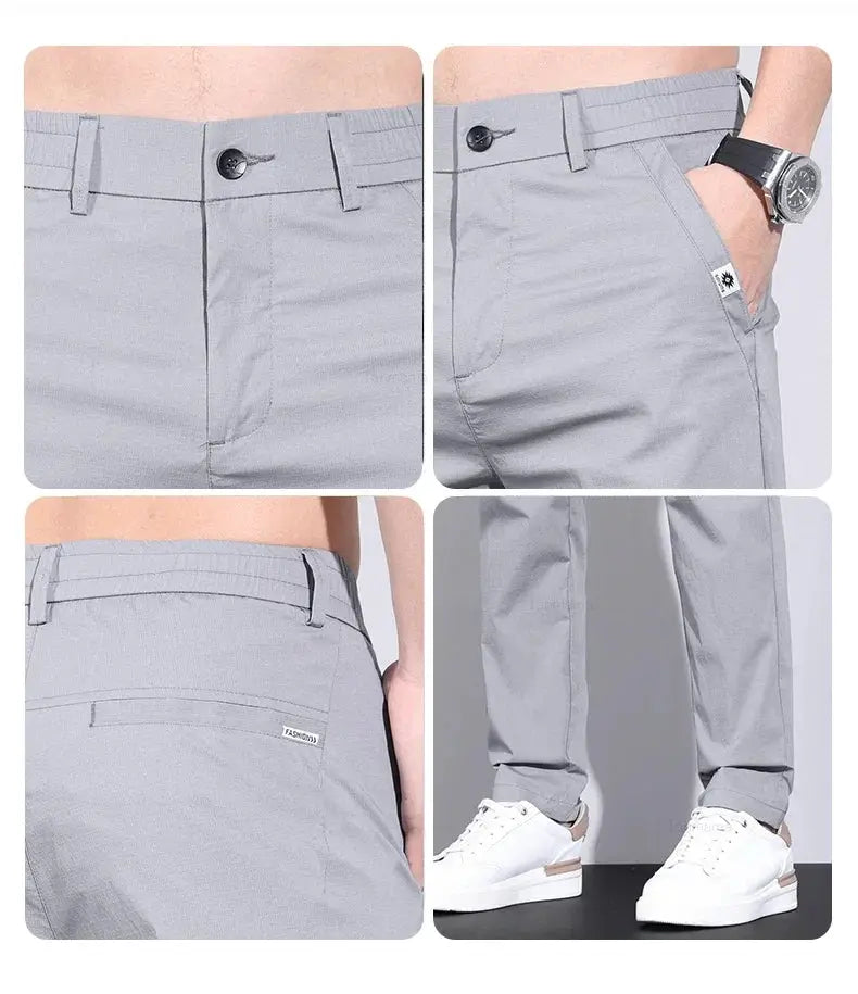 Ultra-thin elastic men's casual pants in light gray ice-silk cotton, slim straight fit