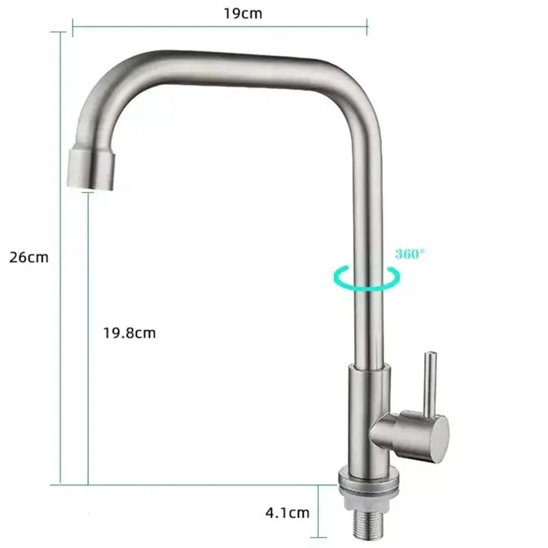Simples Market stainless steel kitchen faucet, single lever, deck-mounted, 360° spout, cold water, hose not included