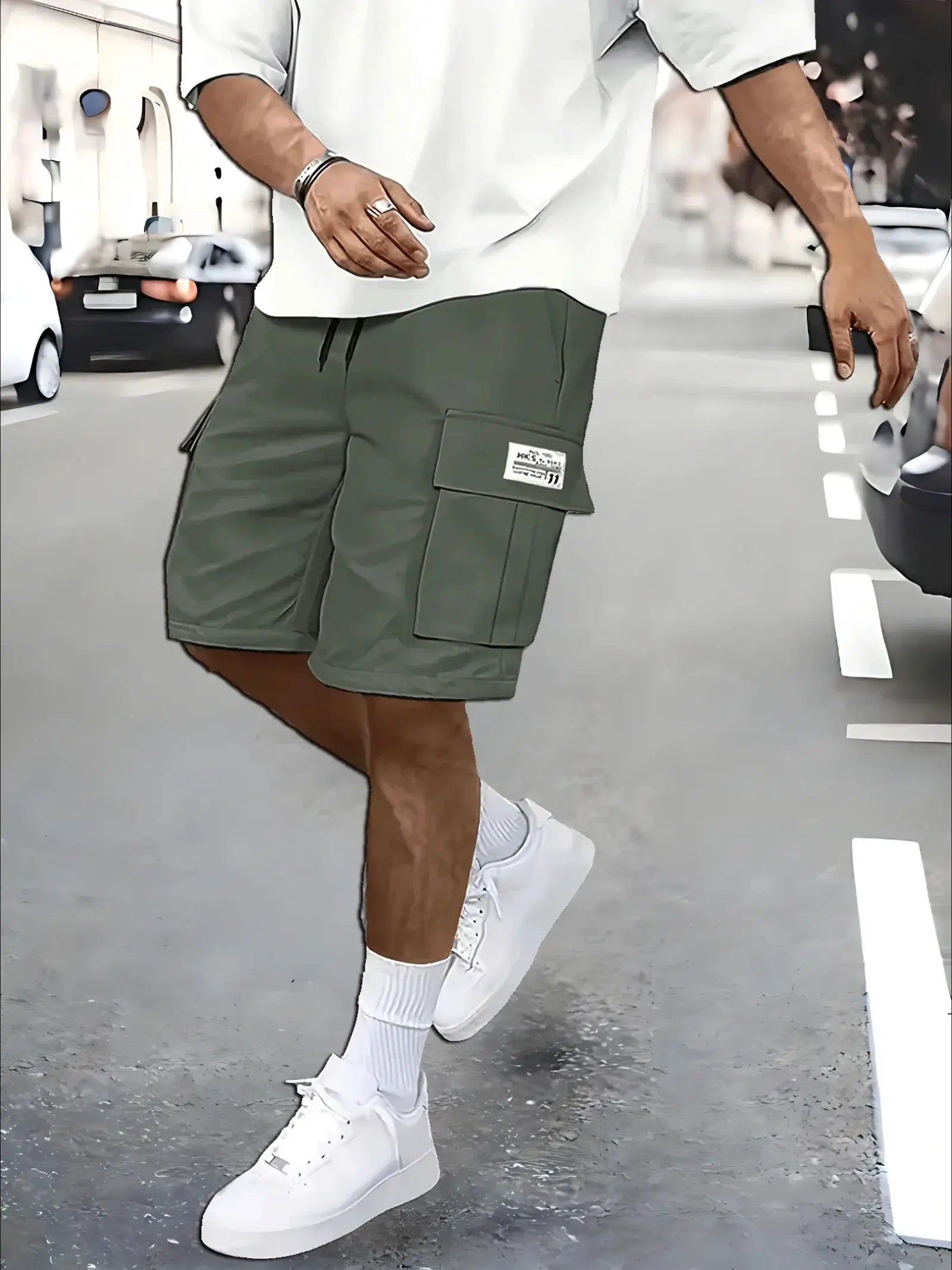 Simples Market men's cargo shorts in olive green with multiple pockets and elastic waistband.