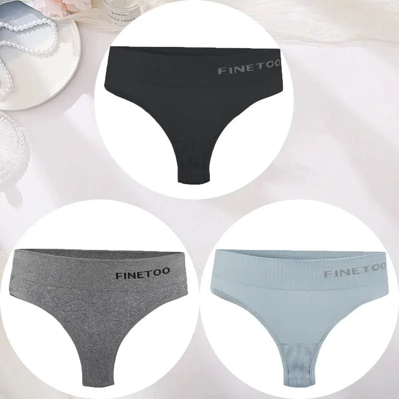 3-pack women's thong underwear by FINETOO; high-waist seamless panties in black, gray, and light blue