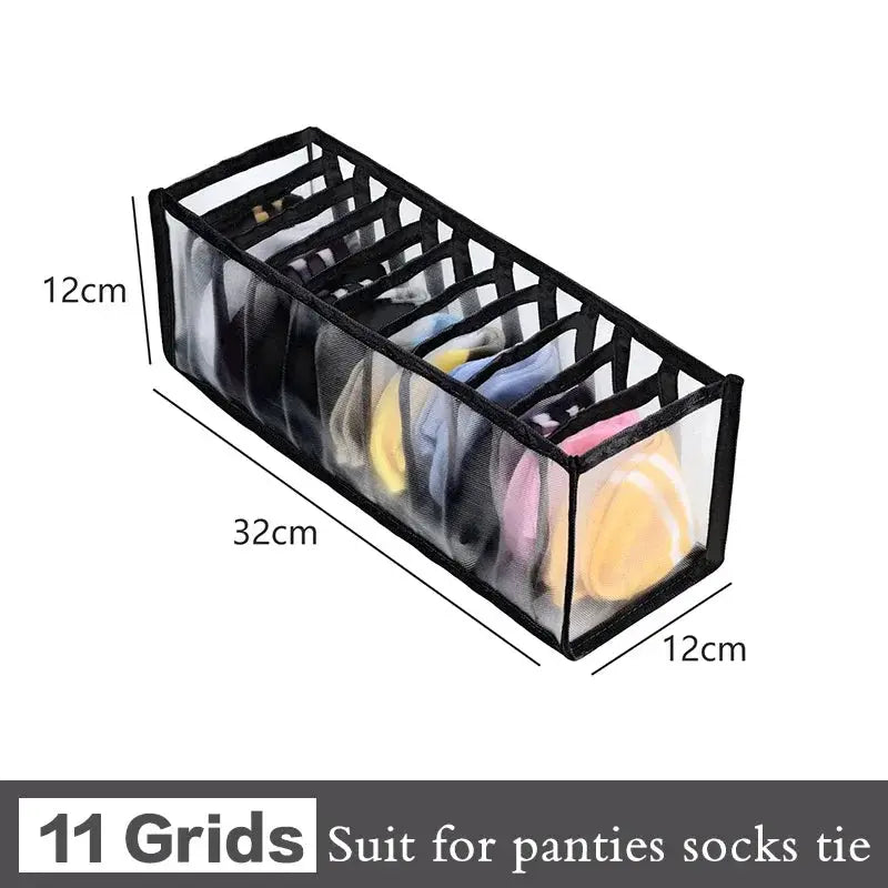 Simples Market 11-grid underwear and sock organizer box, black mesh fabric, 32x12x12 cm