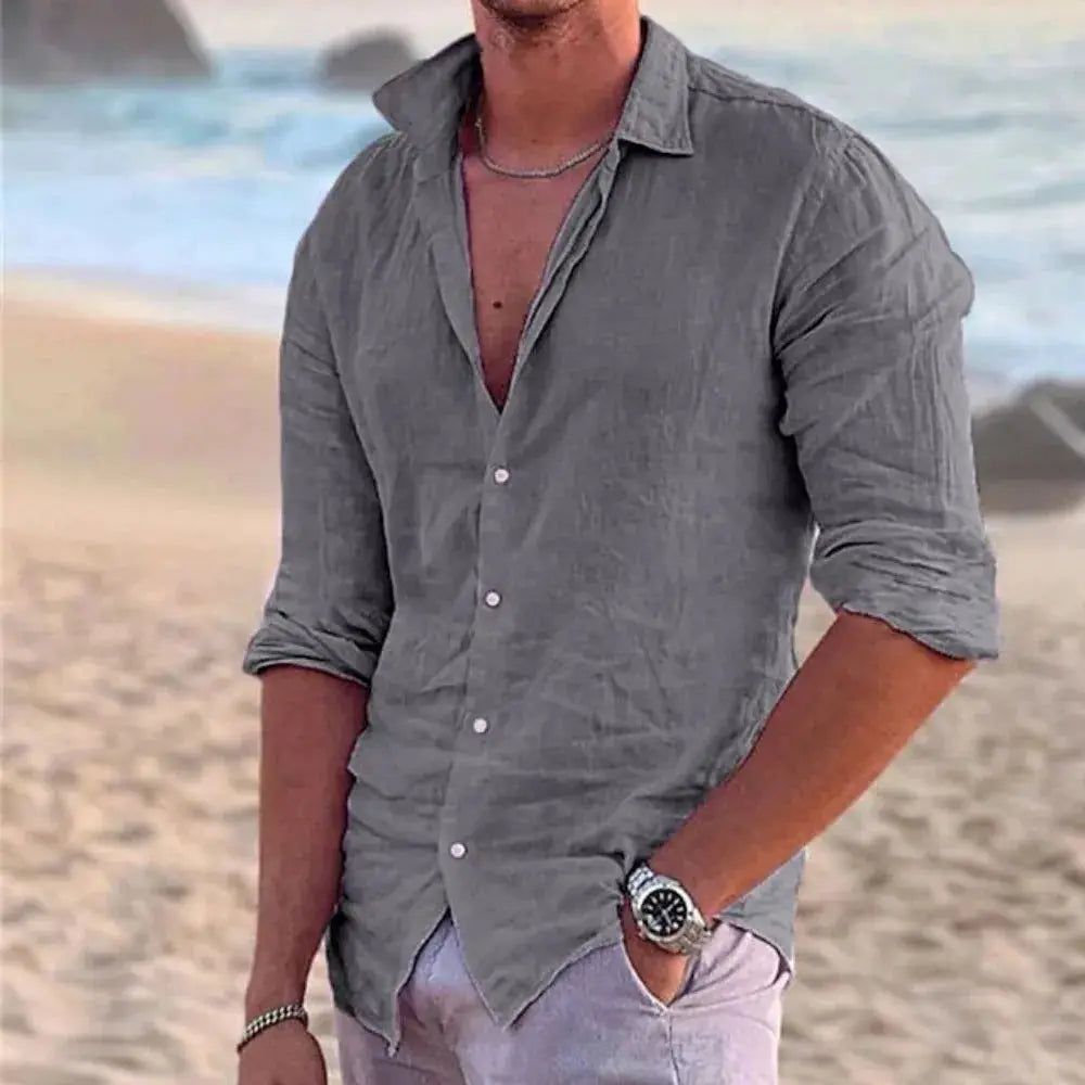 Men's cotton-linen shirt in gray-green, long-sleeve casual beachwear with open collar
