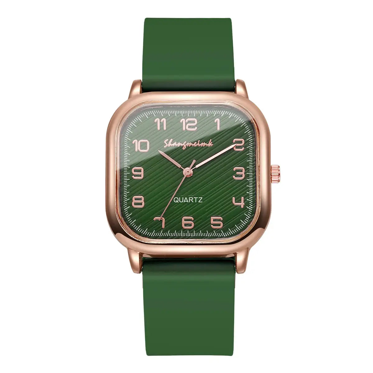 Square watch with green dial, rose-gold case, and green silicone strap