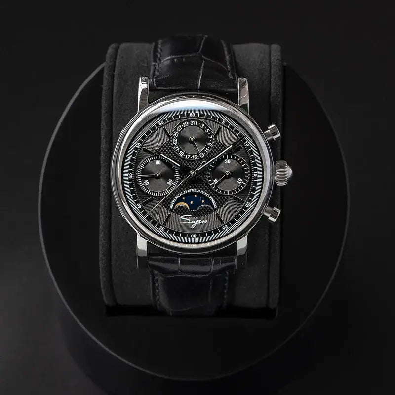 Sugess men's wristwatch ST1908 with moonphase calendar, chronograph subdials, silver case, black leather strap