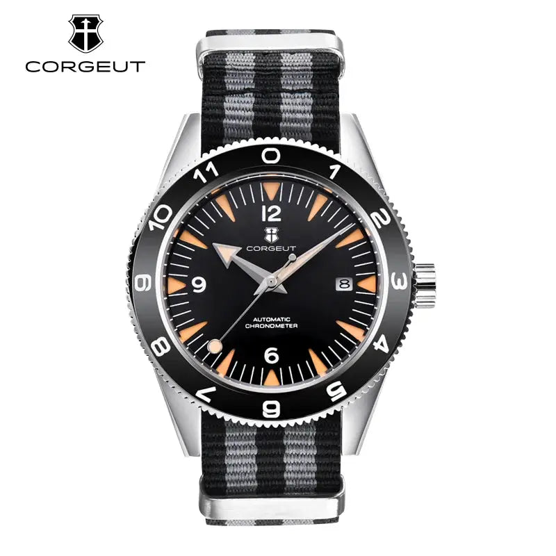 CORGEUT 41mm automatic men's watch with black dial, orange luminous markers, date window, stainless steel case, striped nylon NATO strap