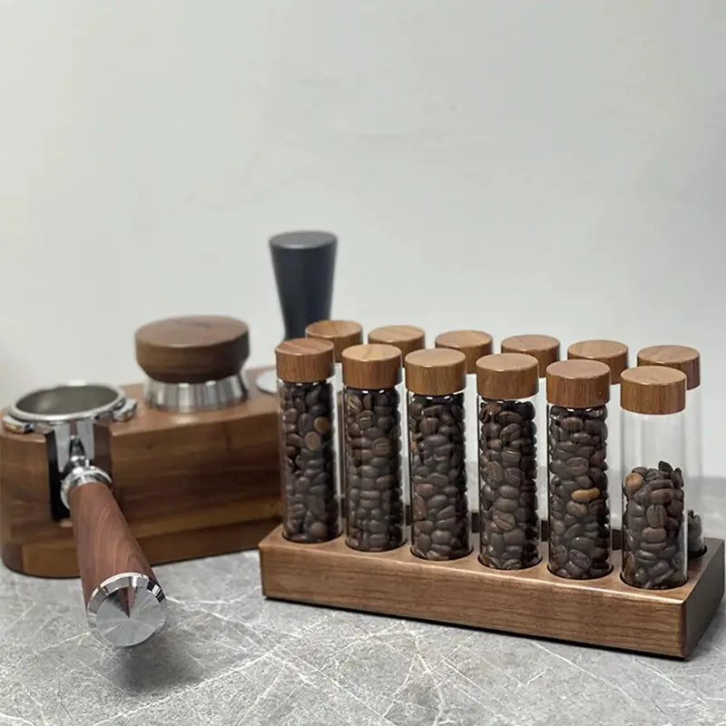 Coffeware Elegant Glass Coffee Beans Storage Tube Display Rack Set For Single Dose Espresso Accessory And Barista Tool