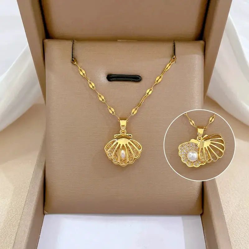 ZAKOL Korean Light Luxury Shell Pearl Necklace For Women Micro Inlaid Zircon Love Heart Moon Choker Wedding Jewelry - Simples Market