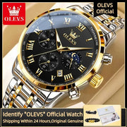 OLEVS men's luxury stainless steel watch with black dial, two-tone bracelet, Roman numerals, moon phase