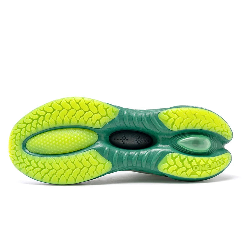 ONEMIX men's running shoe outsole in neon lime and teal with black midfoot pod