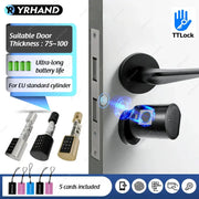 Smart Euro Cylindrical Door Lock with TTLock fingerprint sensor; black finish and 5 access cards