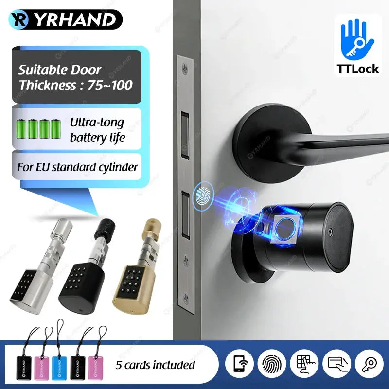 Smart Euro Cylindrical Door Lock with TTLock fingerprint sensor; black finish and 5 access cards
