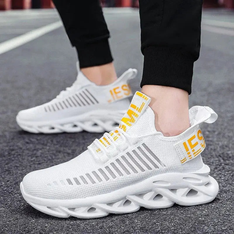 MAEDEF men's white breathable mesh sneakers with yellow accents and chunky platform sole