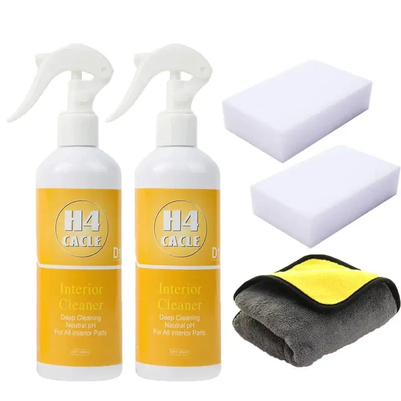 H4 Cacle interior car upholstery cleaner with spray bottles, two white sponges, and yellow-gray microfiber cloth