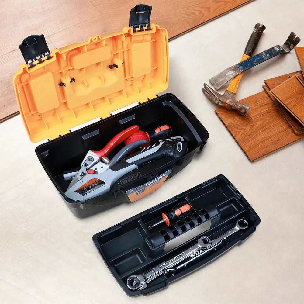 Airaj 15/12 inch plastic tool box set with orange lid and black case; two tool boxes containing hand tools and wrenches.