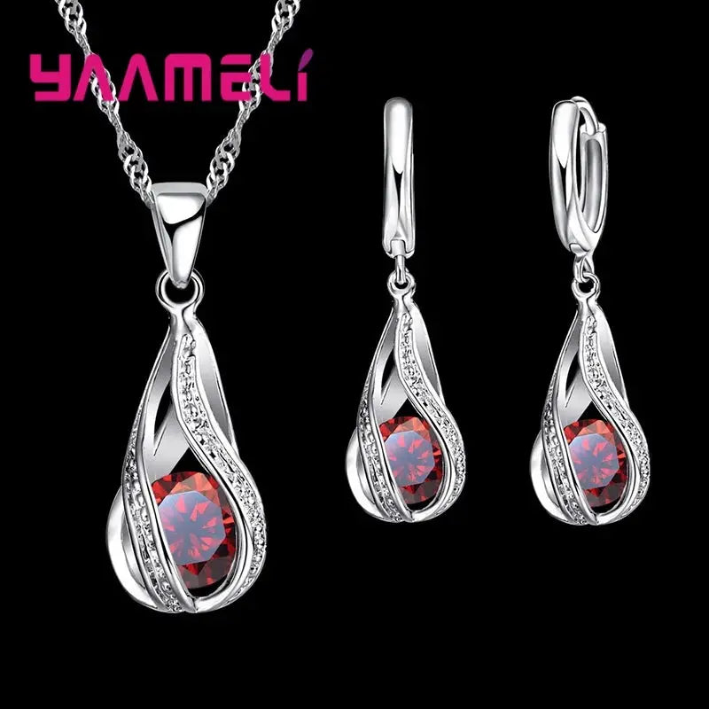 Water Drop CZ 925 Sterling Silver Plated Jewelry Set For Women Pendant Necklace And Hoop Earrings For Wedding Ceremony