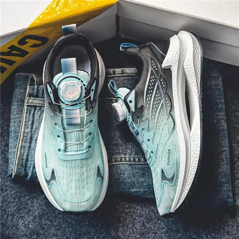 Men's breathable teal mesh running shoes with rotating buckle, a pair of casual sports footwear