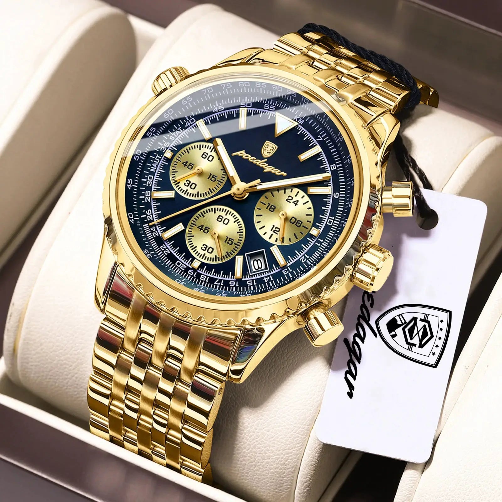 POEDAGAR Luxury Men Chronograph Stainless Steel Watch Waterproof Luminous Quartz Date Display Military Sport Timepiece