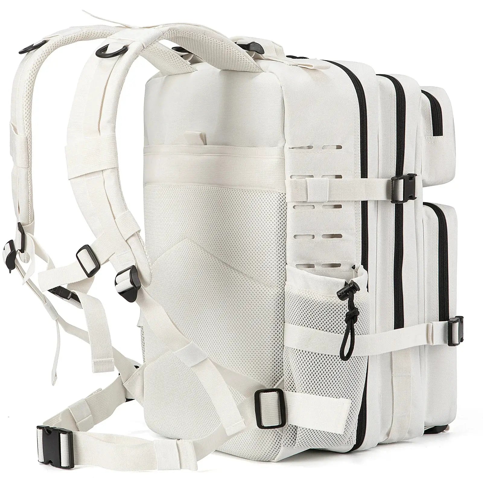 Simples Market 25L/45L tactical backpack, white with MOLLE webbing and multiple compartments