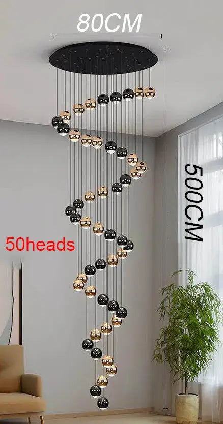 Pendant light with 50 black and gold globe LED bulbs, spiral cluster, 80 cm diameter ceiling mount.