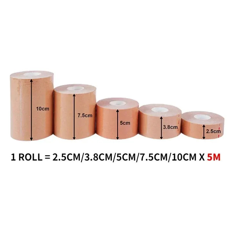 Kinesio tape rolls by Simples Market; beige athletic tape, 5 rolls with widths 2.5–10 cm, 5 m each.