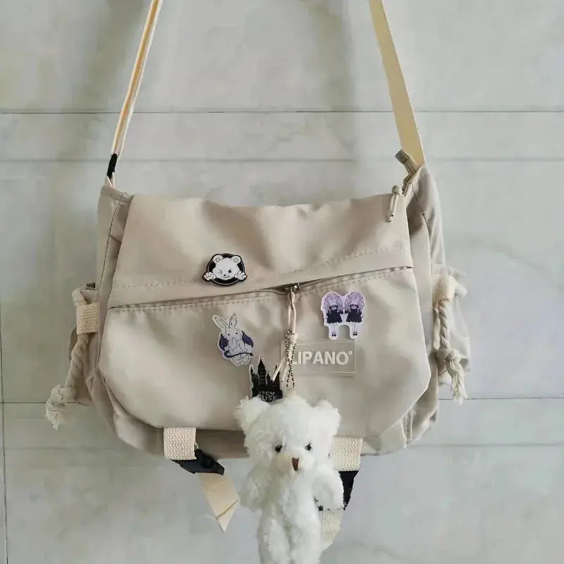 Men's nylon crossbody bag beige large-capacity messenger with patches and IPANO logo
