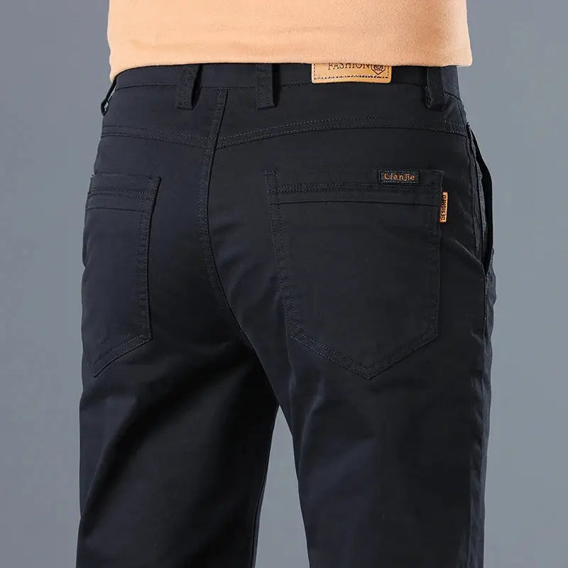 Simples Market men's navy pure cotton casual pants, slim straight fit with back pockets and orange brand tab.