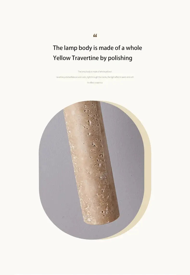 LED pendant lamp long tube with beige travertine texture close-up shot