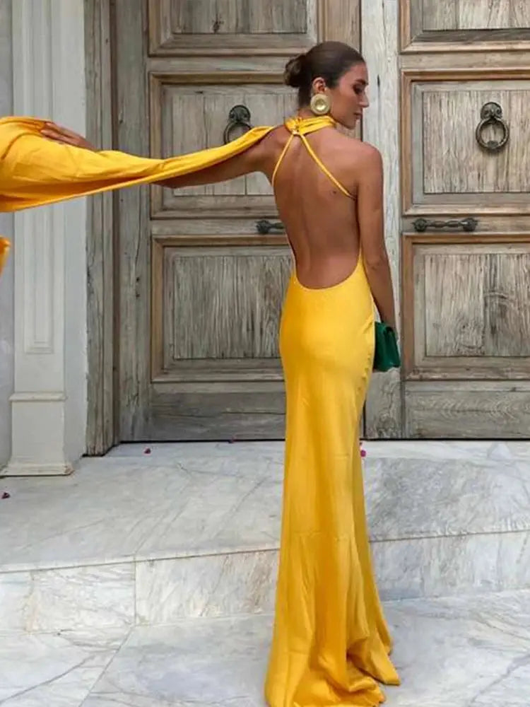 Glamouria Satin Ribbon Party Dress Halter Backless Off Shoulder Sleeveless Gown For Summer Events