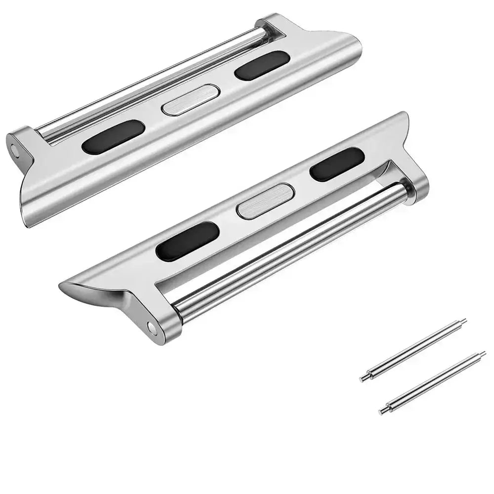 Simples Market Apple Watch band adapters, silver stainless steel, pair, fits multiple sizes, includes two pins.