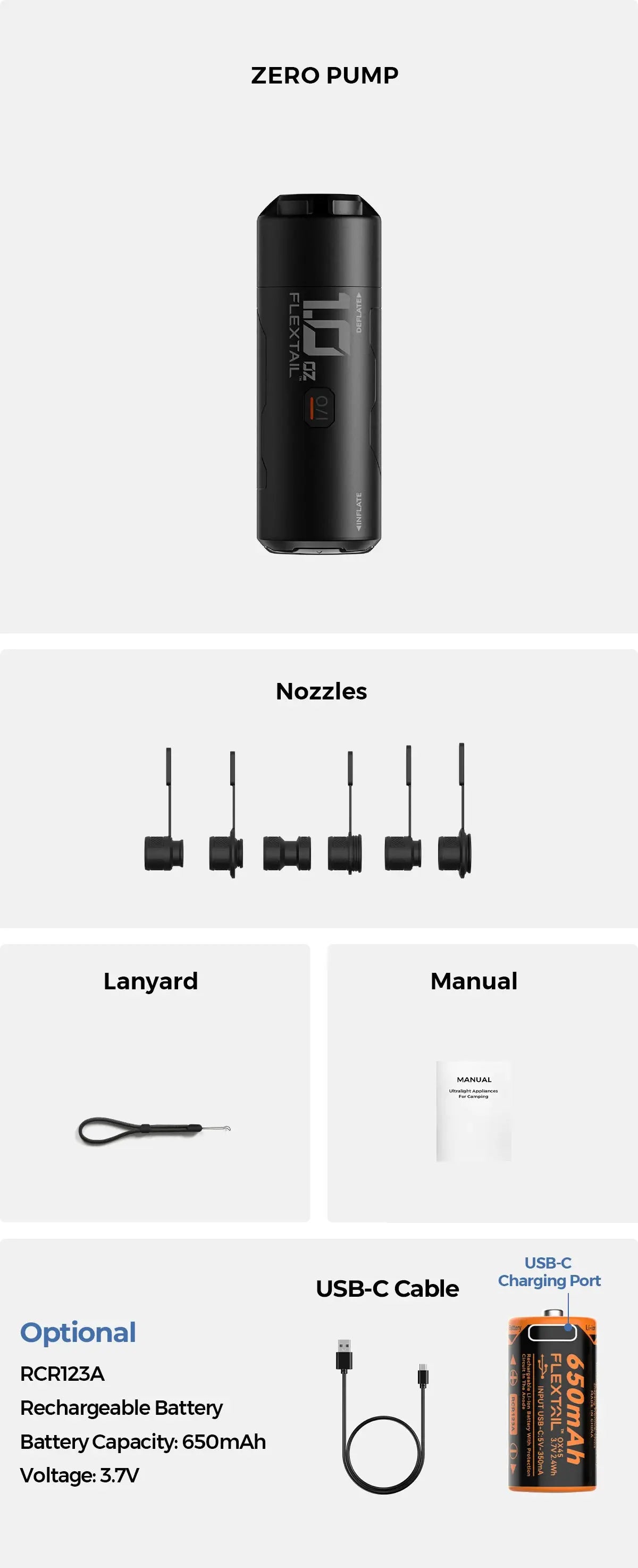 Simples Market FLEXTAIL ZERO PUMP portable black electric air pump for sleeping pads with nozzle tips, lanyard, manual