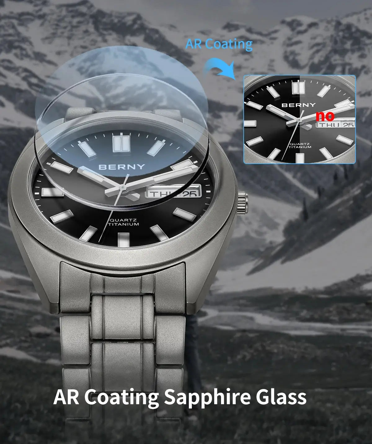 BERNY titanium men's wristwatch with sapphire glass and AR coating, silver finish, Simples Market