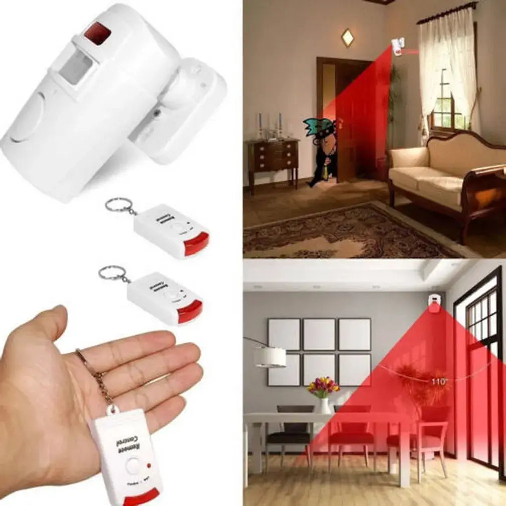 Simples Market wireless motion sensor alarm system; white detector with two remotes for home and garage use
