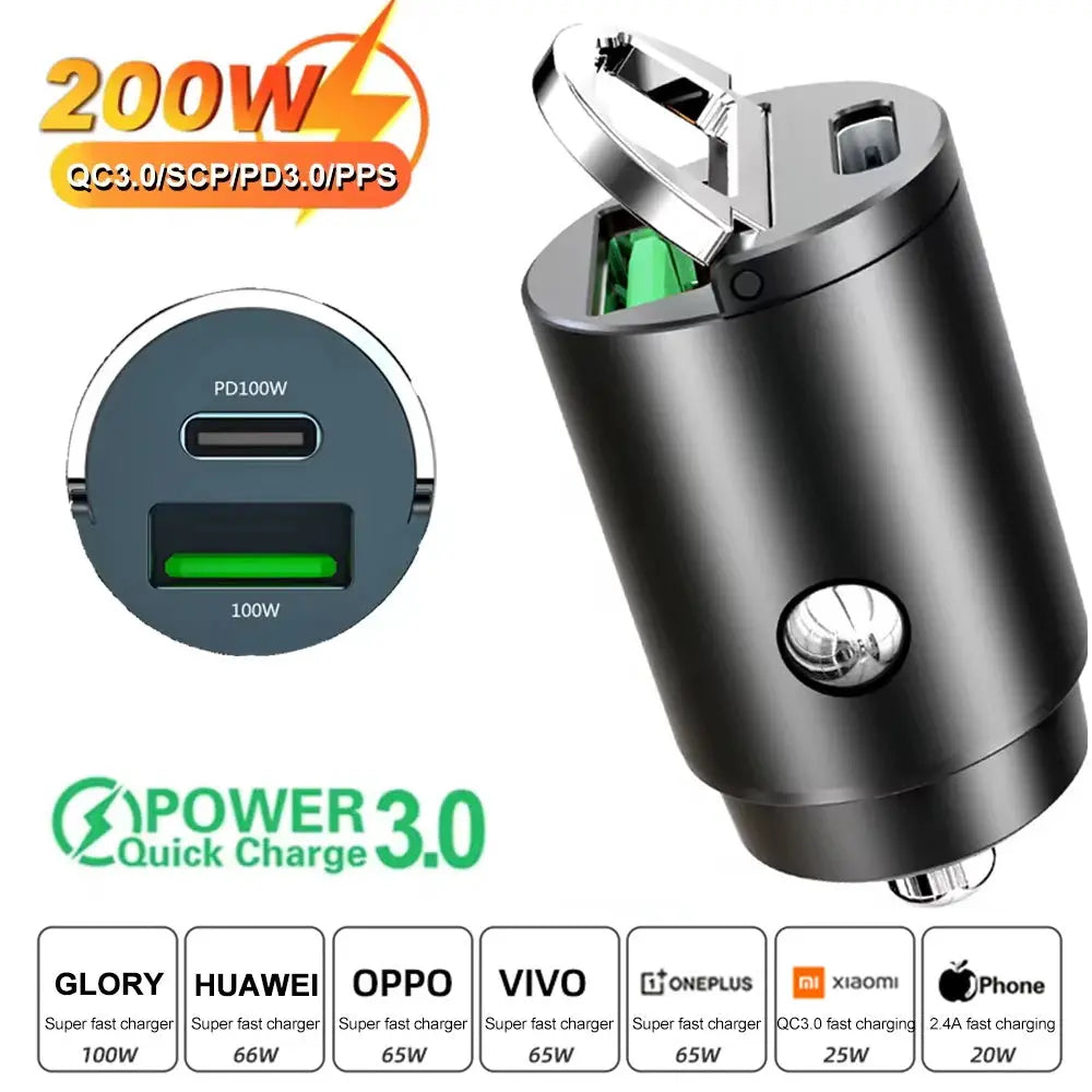 Mini 200W PD QC Pull Ring USB C Car Charger Fast Charging For iPhone 13 And 12 Xiaomi Samsung Huawei