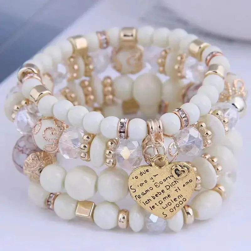 4 Piece Boho Strand Bracelet Set For Women With Crystal Beads Heart Charms And Letter Accents