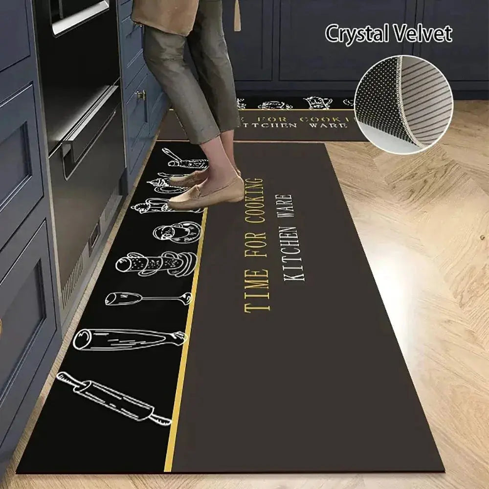 Non-slip kitchen mat runner; crystal velvet, black with utensil graphics and gold text