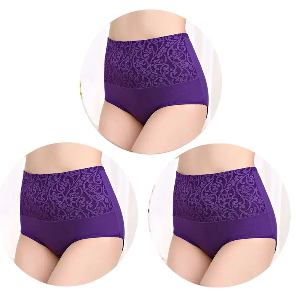 3-pack plus-size purple high-waist cotton panties with patterned upper panel, sizes L–5XL, Simples Market
