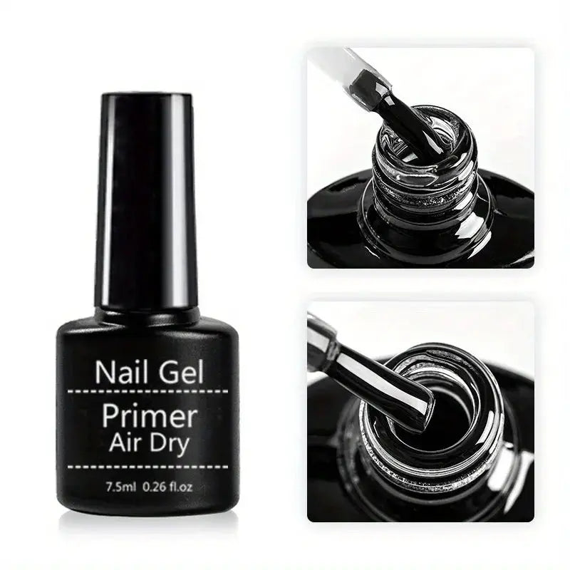 Nail Gel Primer Air Dry black bottle; close-up insets show brush applying gel.