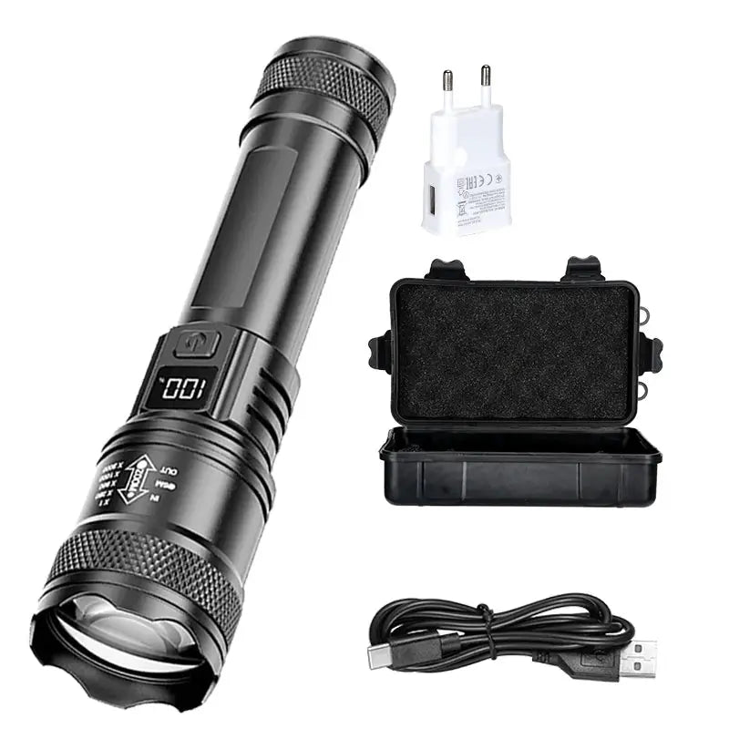 Simples Market rechargeable LED flashlight with LCD display and zoomable head; includes USB cable, charger, case.