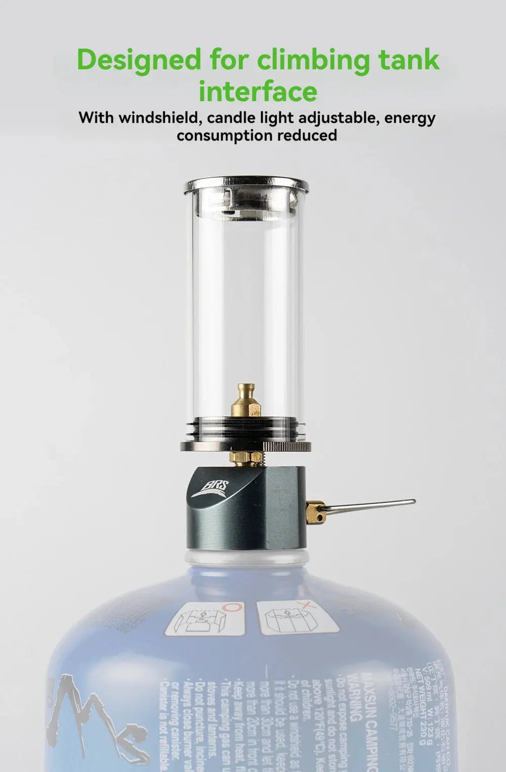 BRS-55 Dreamlike Candlelight Lamp windproof camping gas lantern with glass chimney on blue propane canister