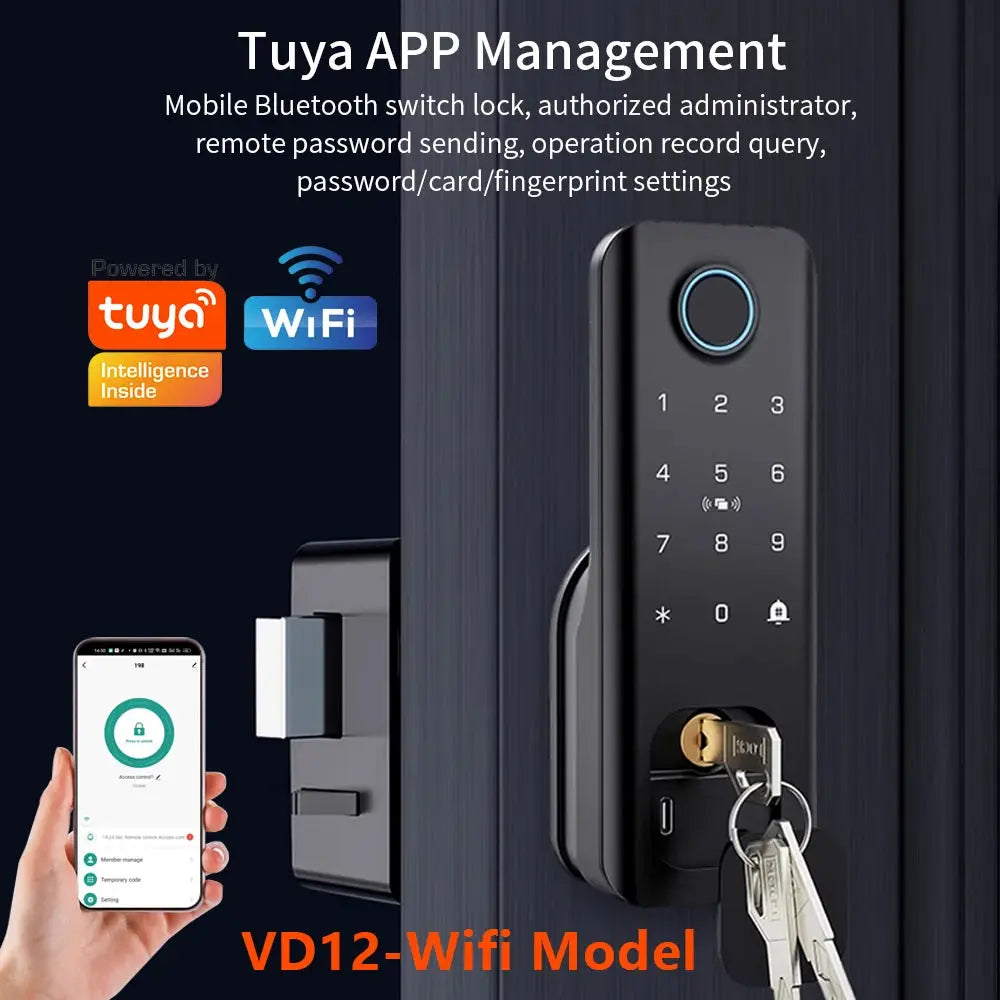 Smart door lock VD12-Wifi Model with numeric keypad, fingerprint sensor, RFID, Bluetooth and WiFi, black finish.