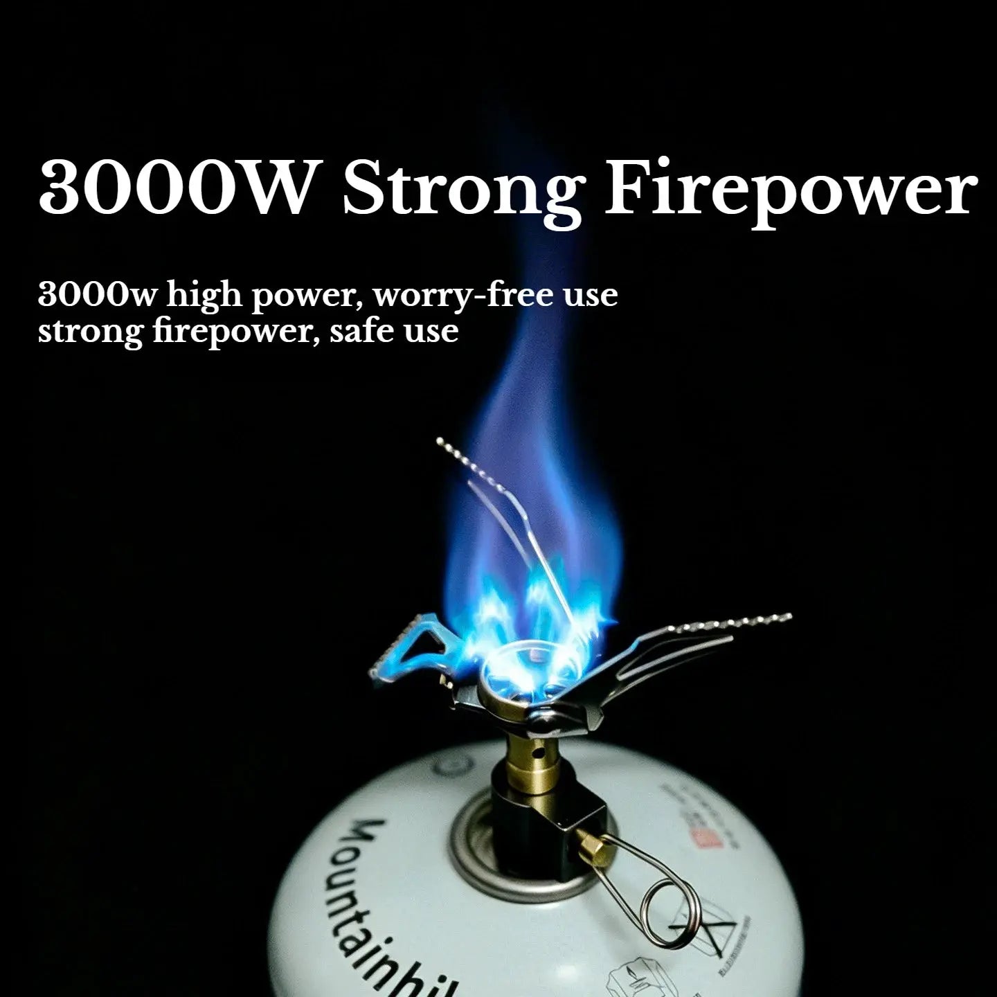 MK-3000W mini portable camping gas burner by Simples Market on a gas canister with blue flame