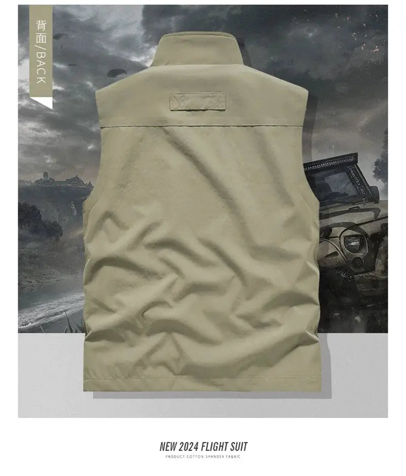 Beige sleeveless men's vest back view, outdoor biker jacket style for motorcycle wear.